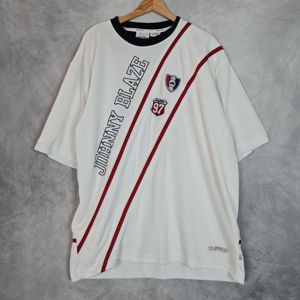 Vintage Johnny Blaze Shirt Mens XL White 97 Crest Stripe Graphic Tee Streetwear
